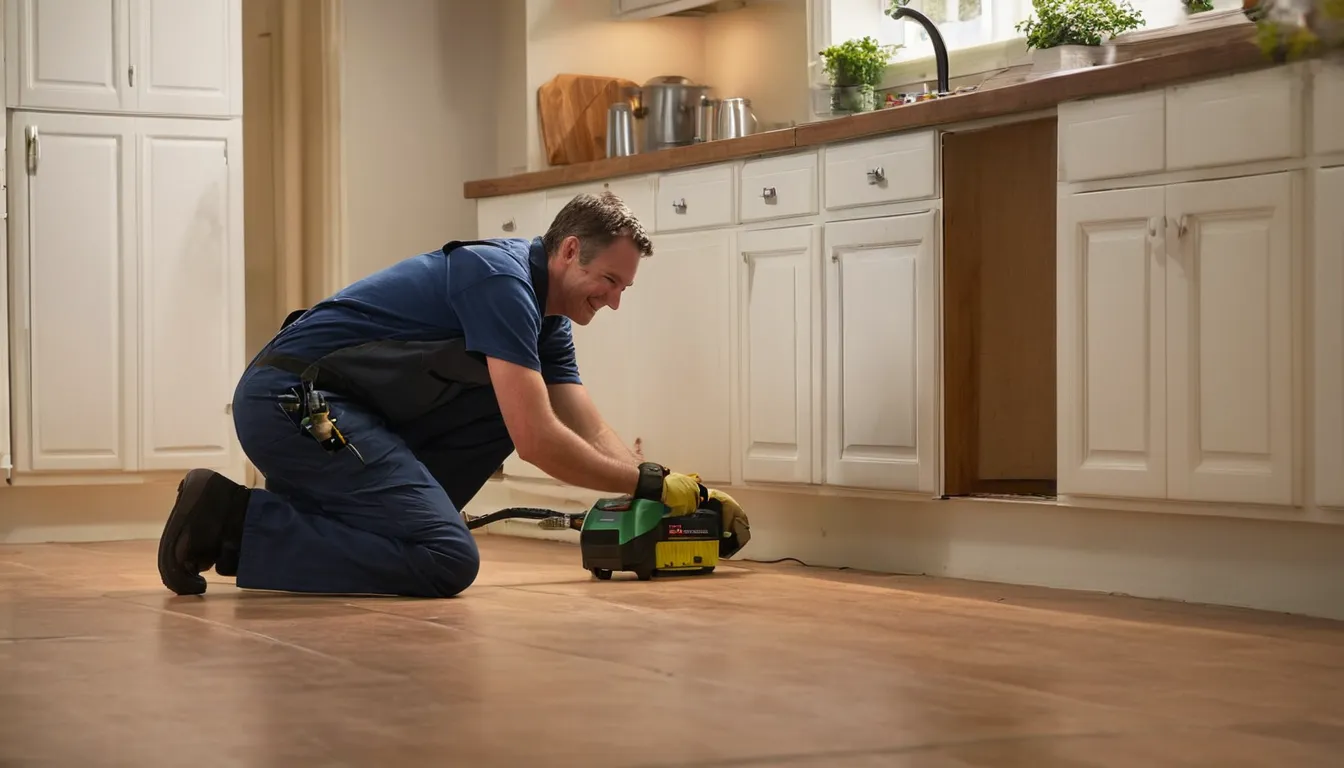 A friendly pest control provider inspecting a kitchen baseboard in a home near Maumee